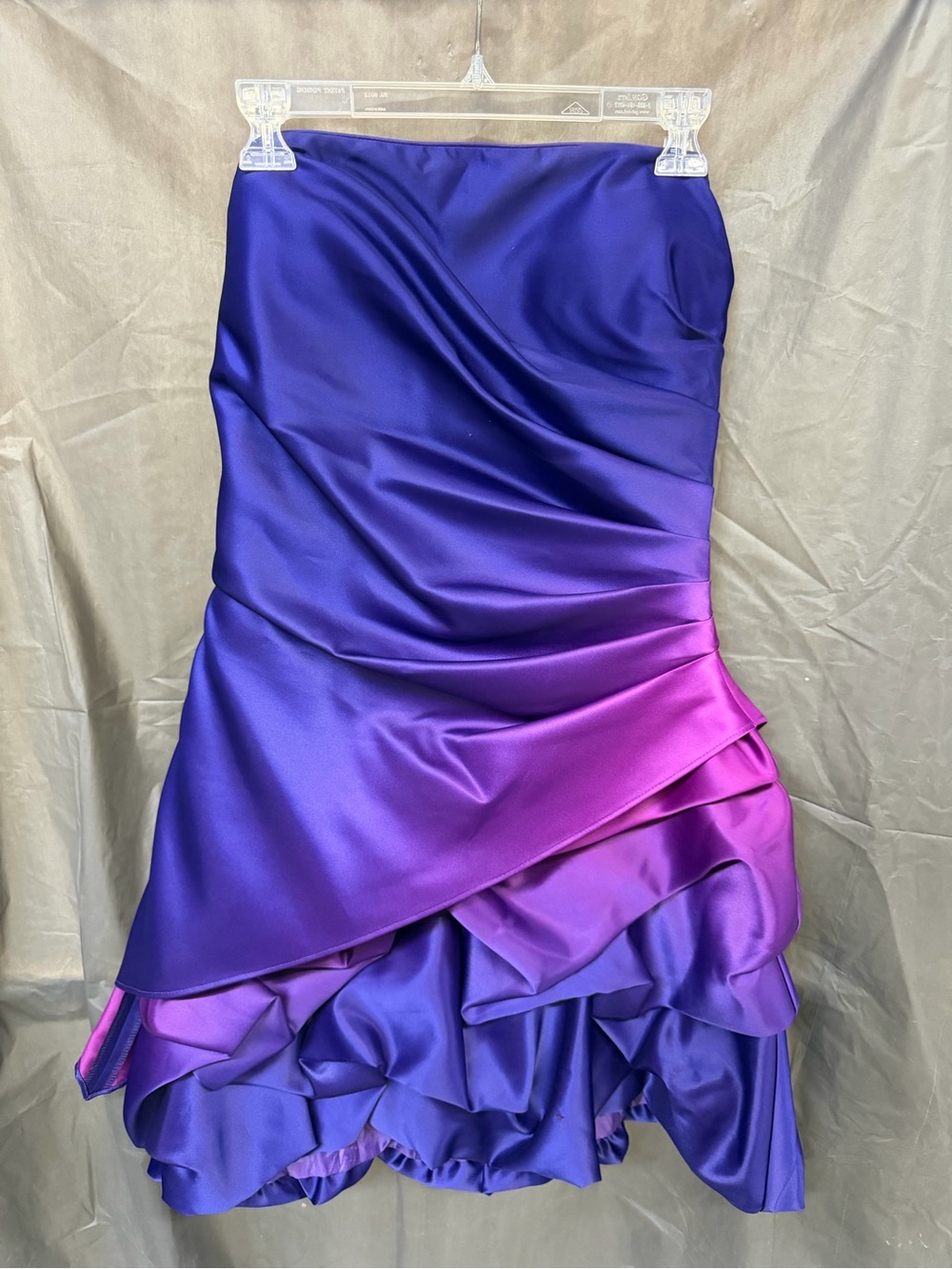 Elegant Strapless Ombre Satin Cocktail Dress in Purple and Magenta